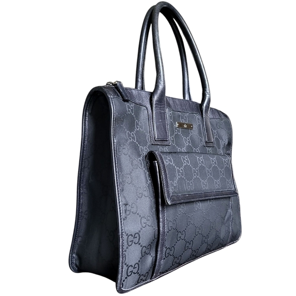 Gucci GG Canvas Nylon Leather Handbag Black Monogram Tote Bag 152283 - Picture 3 of 14